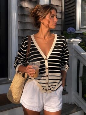 90s Vintage Alfred Dunner Nautical Stripe Cardigan Sweater USA Made Coastal Prep